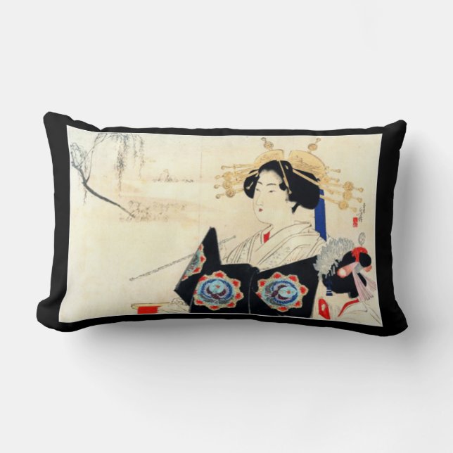 Mizuno Toshikata 水野年方, Courtesan - Asian Art Lumbar Pillow (Front)