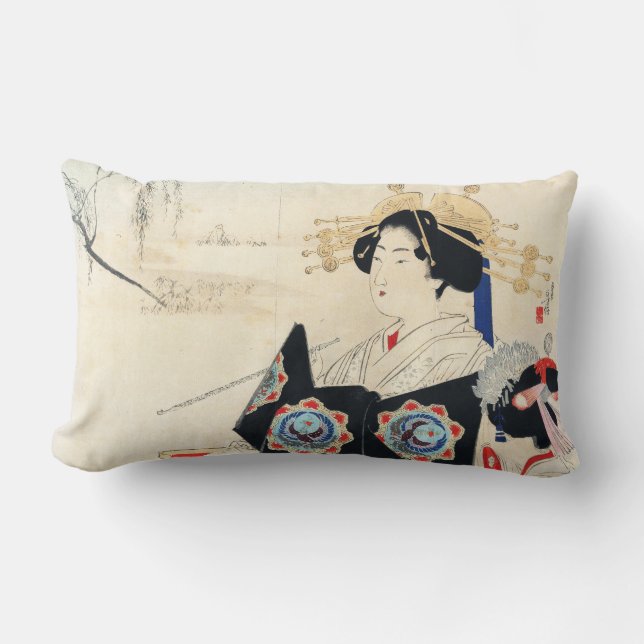 Mizuno Toshikata Courtesan and Maid oriental art Lumbar Pillow (Front)