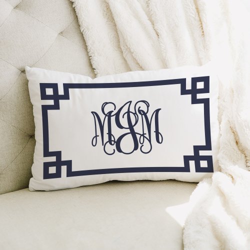 MJM Navy and White Greek Key Script Monogram Lumbar Pillow