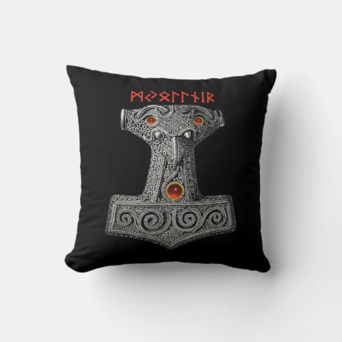 MJOLNIR Hammer of Thor Viking Mythology Black Throw Pillow