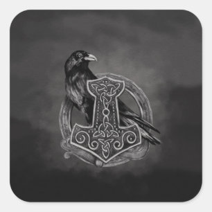 Mjolnir - The hammer of Thor and raven Square Sticker