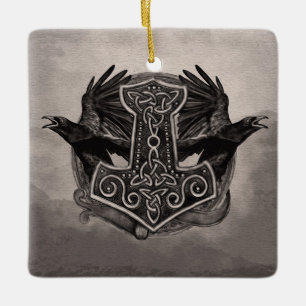 Mjolnir The hammer of Thor and ravens Ceramic Ornament