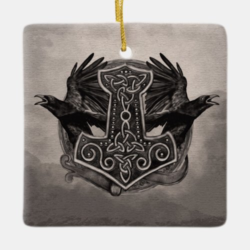 Mjolnir The hammer of Thor and ravens Ceramic Ornament