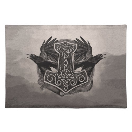 Mjolnir The hammer of Thor and ravens Cloth Placemat