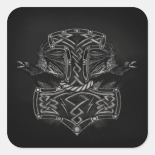 Mjolnir - The hammer of Thor and Ravens Square Sticker