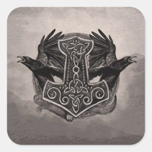 Mjolnir The hammer of Thor and ravens Square Sticker