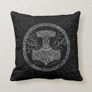 Mjolnir - The hammer of Thor and Tree of life Throw Pillow