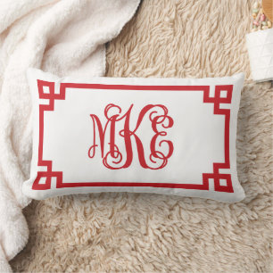 MKE Red Greek Key Script Monogram Lumbar Pillow