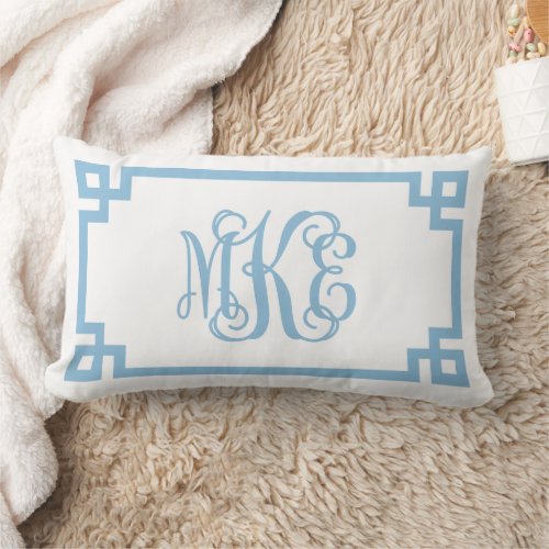 MKE Sky Blue Greek Key Script Monogram Lumbar Pillow