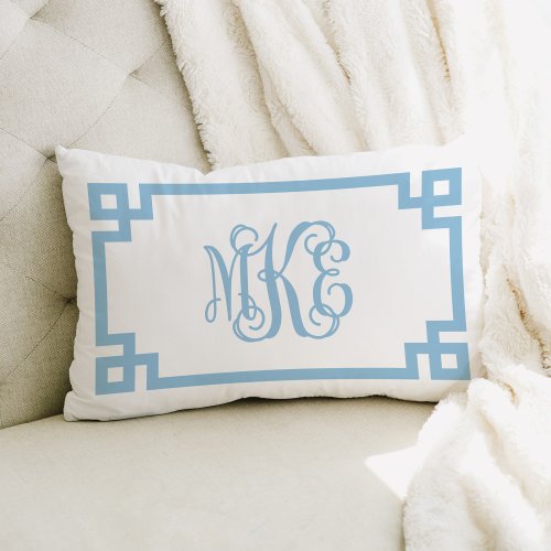 MKE Sky Blue Greek Key Script Monogram Lumbar Pillow