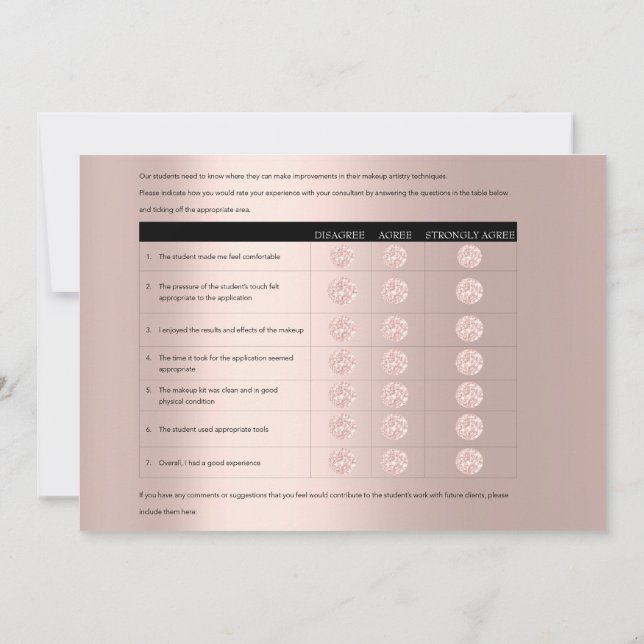 MM Model Feedback Form Makeup Rose Esthetician Lux Invitation (Back)