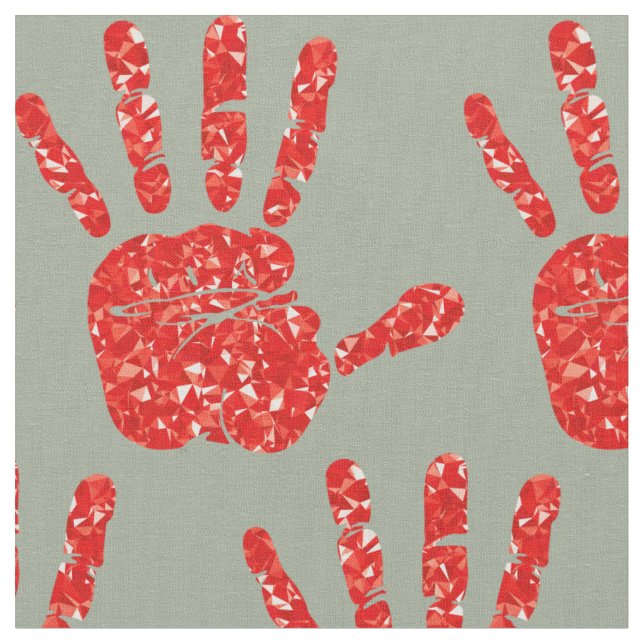 MMIW Red Hand Jeweled Pattern Grey Green Fabric (Close Up)