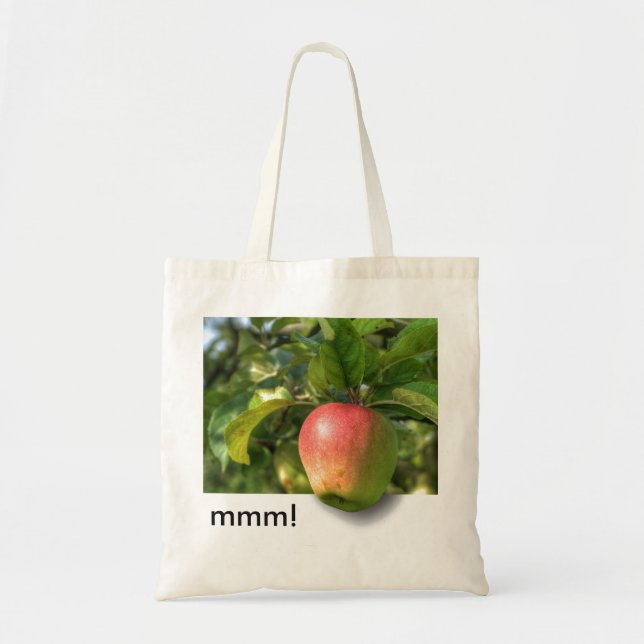 mmm! | Apple Hanging Off Tree | Customizable Text Tote Bag (Front)