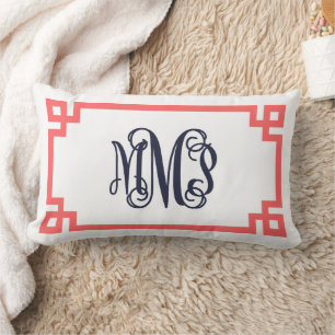 MMP Coral and Navy Greek Key Script Monogram Lumbar Pillow