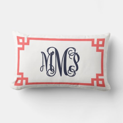 MMP Coral and Navy Greek Key Script Monogram Lumbar Pillow