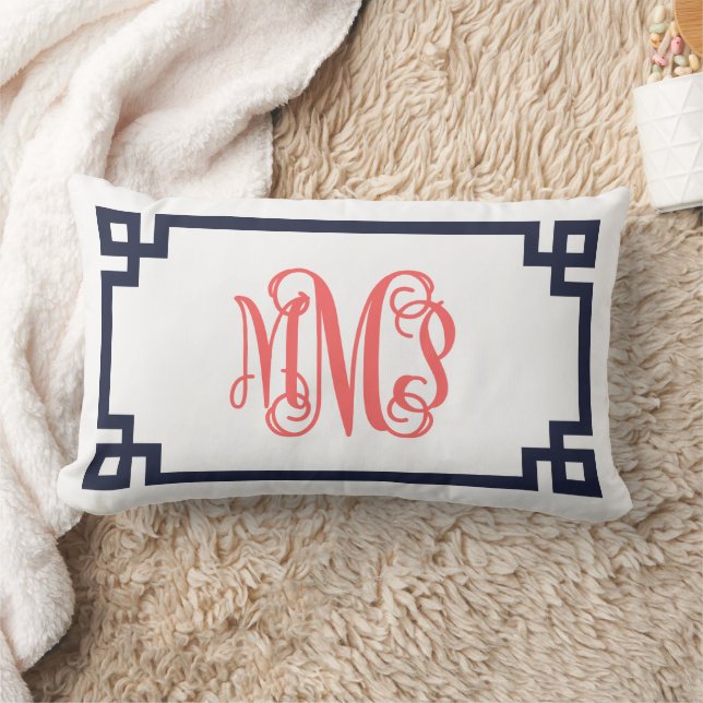 MMP Navy and Coral Greek Key Script Monogram Lumbar Pillow (Blanket)