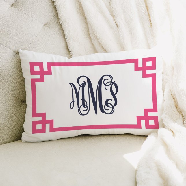 MMP Pink and Navy Greek Key Script Monogram Lumbar Pillow (Creator Uploaded)