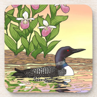 MN State Bird Flower Loon Lady Slipper Beverage Coaster