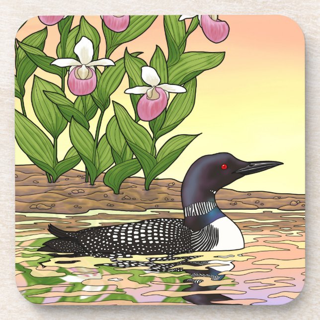 MN State Bird Flower Loon Lady Slipper Beverage Coaster (Front)