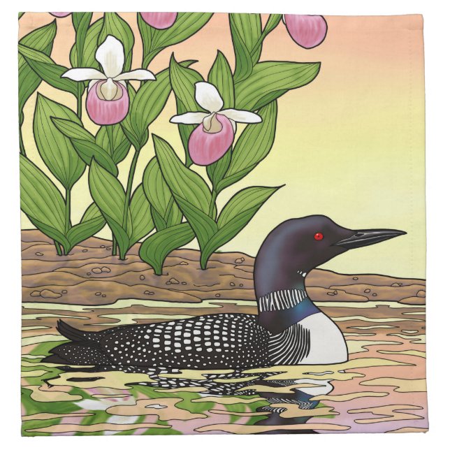 MN State Bird Flower Loon Lady Slipper Cloth Napkin (Front)