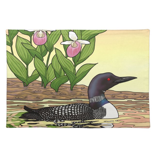 MN State Bird Flower Loon Lady Slipper Cloth Placemat (Front)