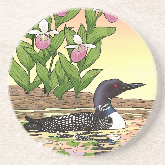 MN State Bird Flower Loon Lady Slipper Coaster (Front)