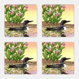 MN State Bird Flower Loon Lady Slipper Coaster Set