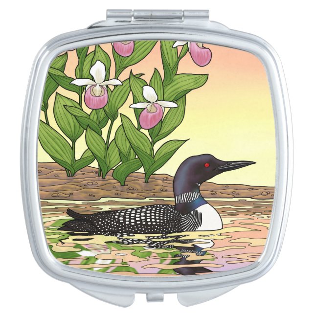 MN State Bird Flower Loon Lady Slipper Compact Mirror (Front)