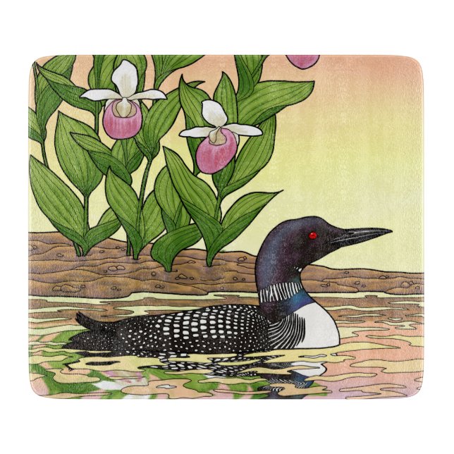 MN State Bird Flower Loon Lady Slipper Cutting Board (Front)