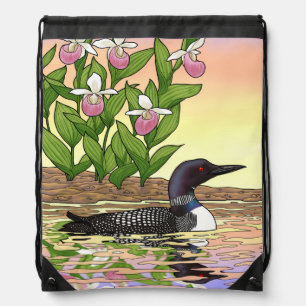 MN State Bird Flower Loon Lady Slipper Drawstring Bag