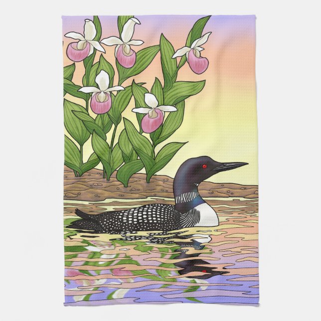 MN State Bird Flower Loon Lady Slipper Kitchen Towel (Vertical)