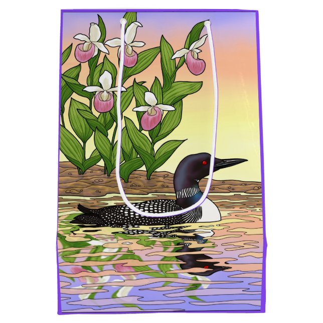 MN State Bird Flower Loon Lady Slipper Medium Gift Bag (Back)