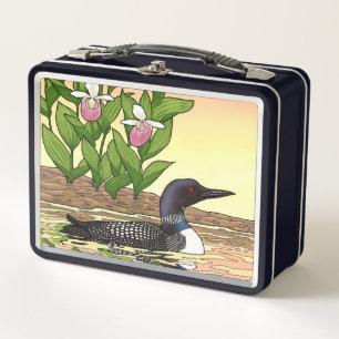 MN State Bird Flower Loon Lady Slipper Metal Lunch Box