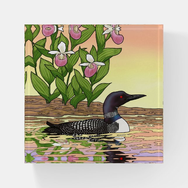 MN State Bird Flower Loon Lady Slipper Paperweight (Front)