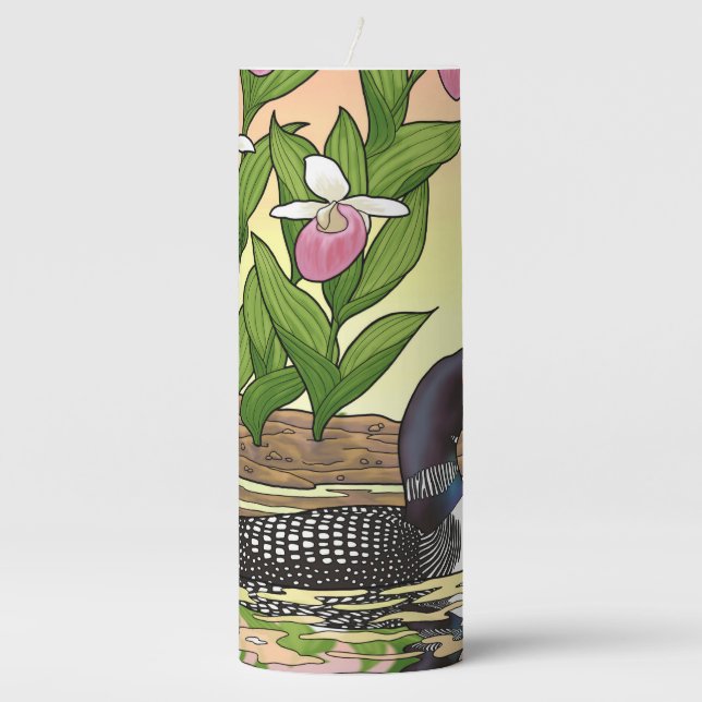 MN State Bird Flower Loon Lady Slipper Pillar Candle (Front)