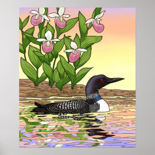 MN State Bird Flower Loon Lady Slipper Poster