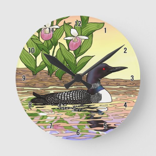 MN State Bird Flower Loon Lady Slipper Round Clock