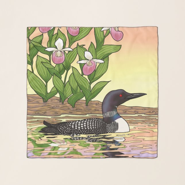 MN State Bird Flower Loon Lady Slipper Scarf (Front)