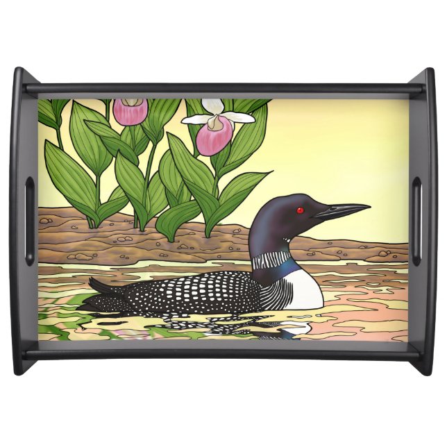 MN State Bird Flower Loon Lady Slipper Serving Tray (Front)