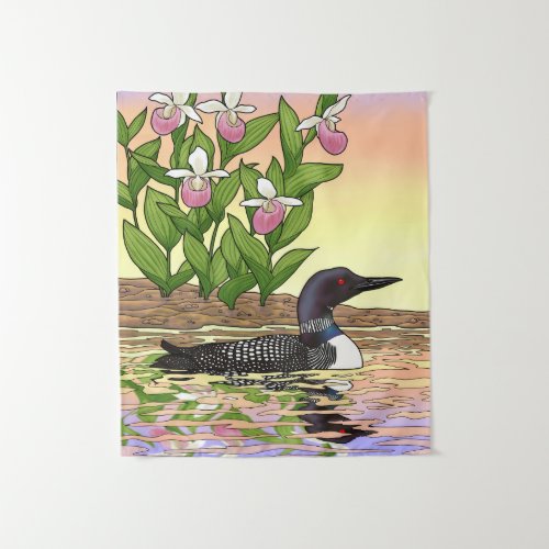 MN State Bird Flower Loon Lady Slipper Tapestry