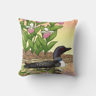 MN State Bird Flower Loon Lady Slipper Throw Pillow