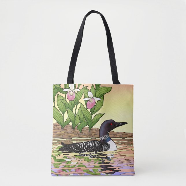 MN State Bird Flower Loon Lady Slipper Tote Bag (Front)