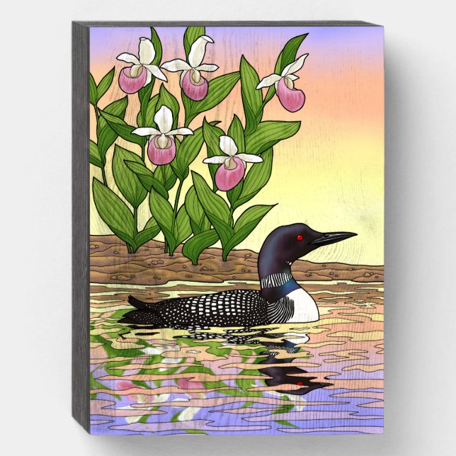 MN State Bird Flower Loon Lady Slipper Wooden Box Sign (Front Vertical)