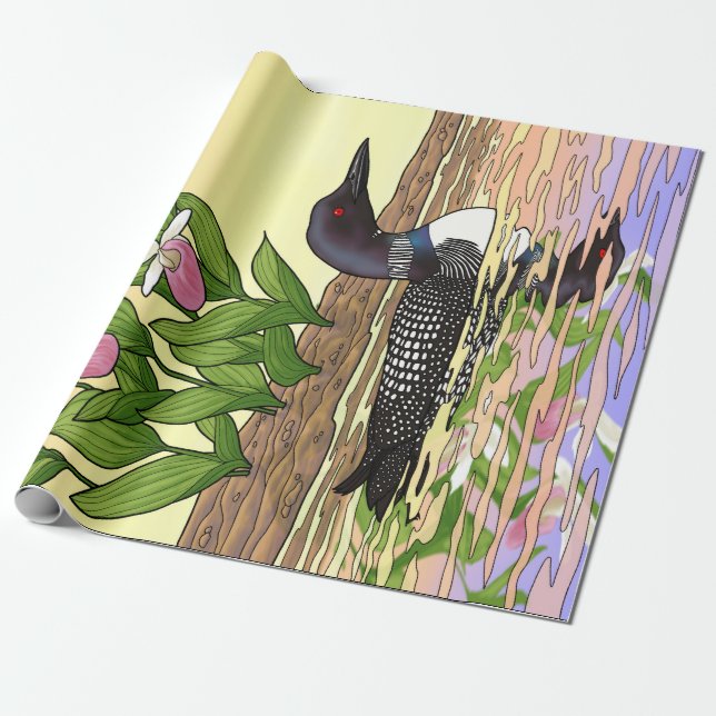 MN State Bird Flower Loon Lady Slipper Wrapping Paper (Unrolled)