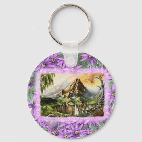 mnt with prple flowers frame keychain