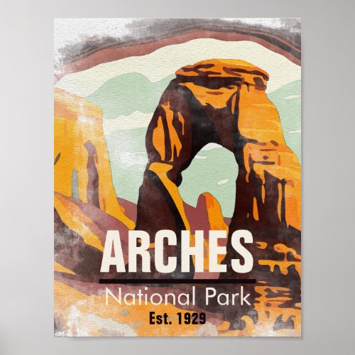 Moab Utah Vintage Sunset Arches Watercolor Outdoor Poster