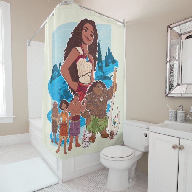 Moana & Crew Sail Beyond the Horizon Shower Curtain (In Situ)