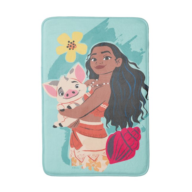 Moana Holding Pua Illustrated Graphic Bath Mat (Front Vertical)
