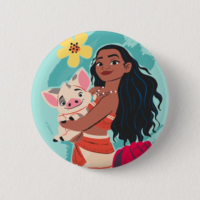 Moana Holding Pua Illustrated Graphic Button (Front)
