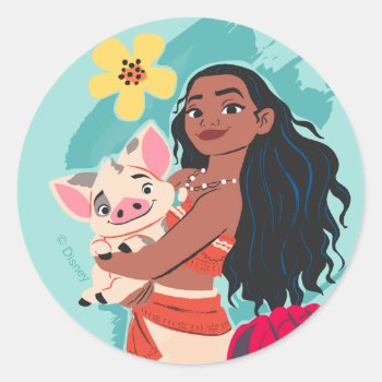 Moana Holding Pua Illustrated Graphic Classic Round Sticker by DisneyPrincess at Zazzle